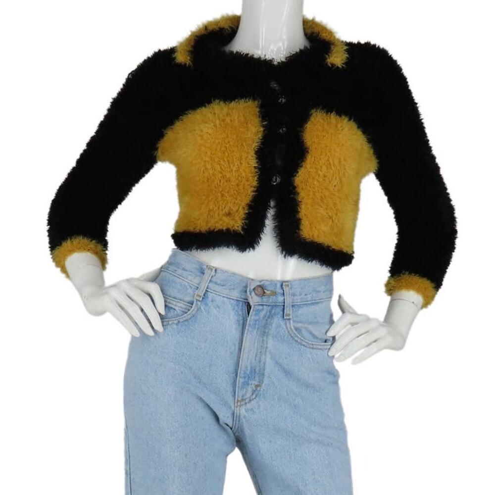 Vintage Bumble Bee Fuzzy Furry Fringed Shag Shaggy Color Block Sweater Jacket